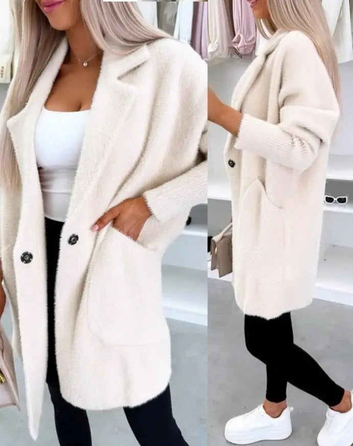 Women's Coat Autumn Winter 2025 Turn-Down Collar Long Sleeve Casual Button Coat with Pockets Simple Leisure Commuting Coat