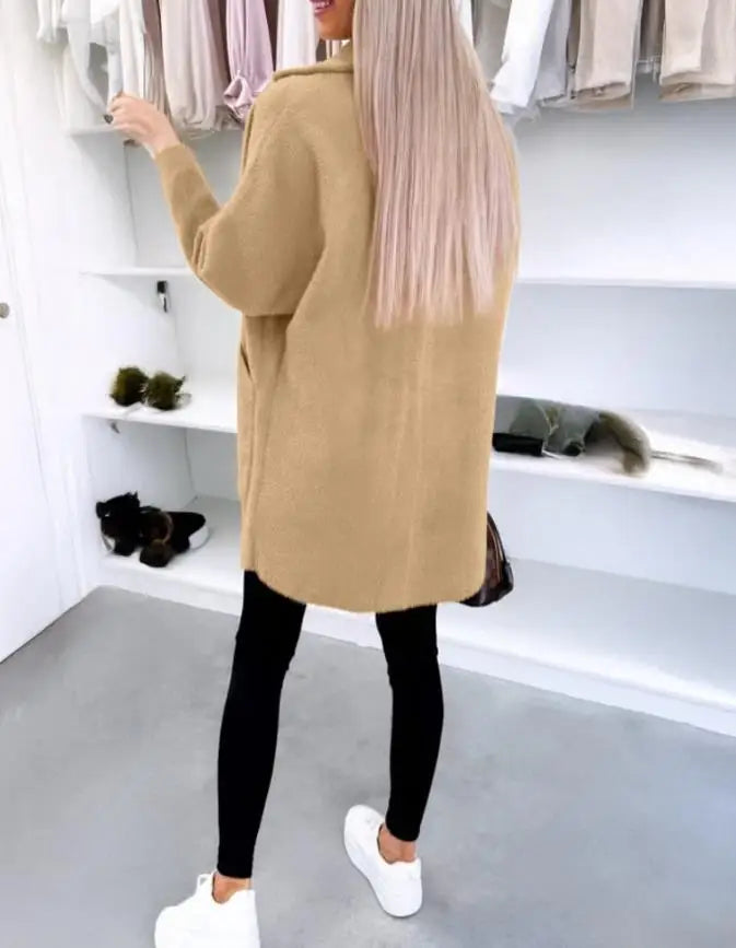 Women's Coat Autumn Winter 2025 Turn-Down Collar Long Sleeve Casual Button Coat with Pockets Simple Leisure Commuting Coat