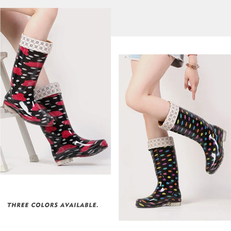 Floral Print Rain Boots Luxury Designer Women Rubber Shoes Waterproof Work Non-slip Garden Galoshes for Woman Botas De Caza PVC