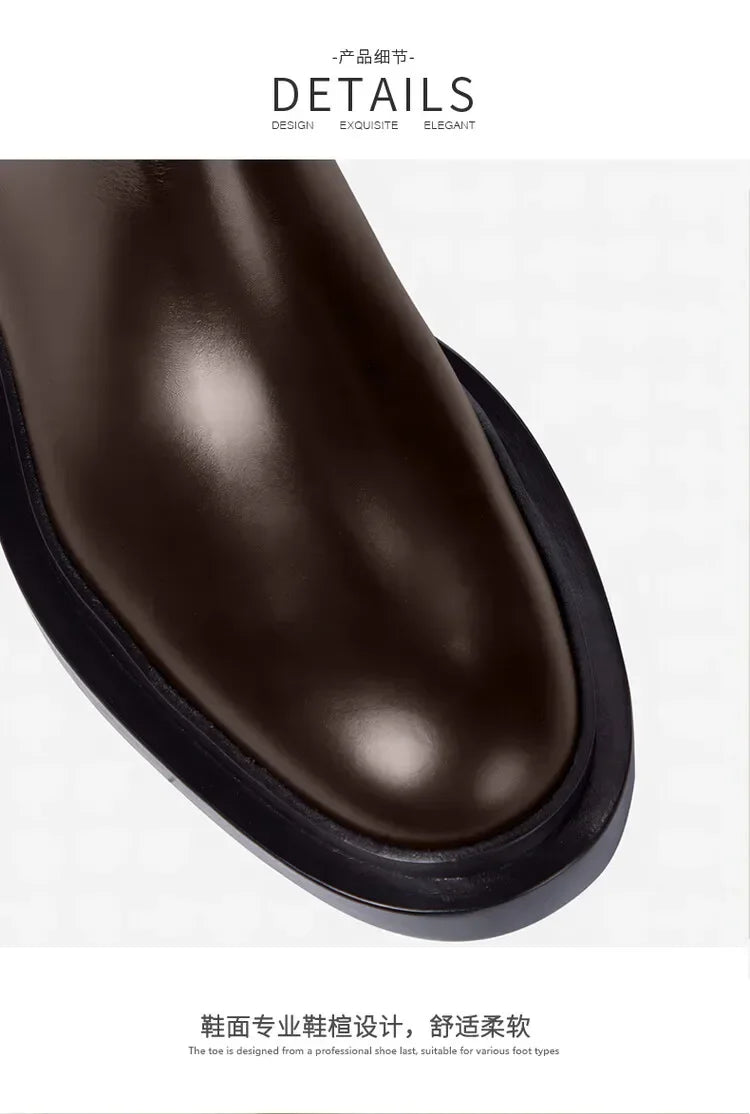 European and American Autumn and Winter Fashionable Round Toe Knee Length Flat Leather Boots, Size 34-46 Women's Knight Boots