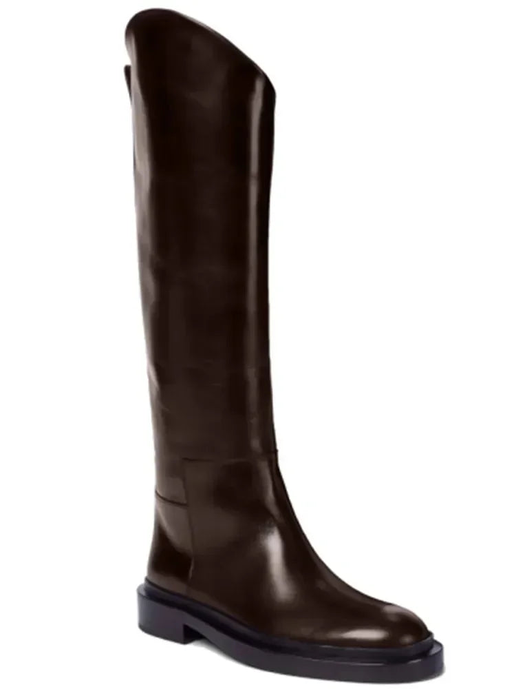 European and American Autumn and Winter Fashionable Round Toe Knee Length Flat Leather Boots, Size 34-46 Women's Knight Boots