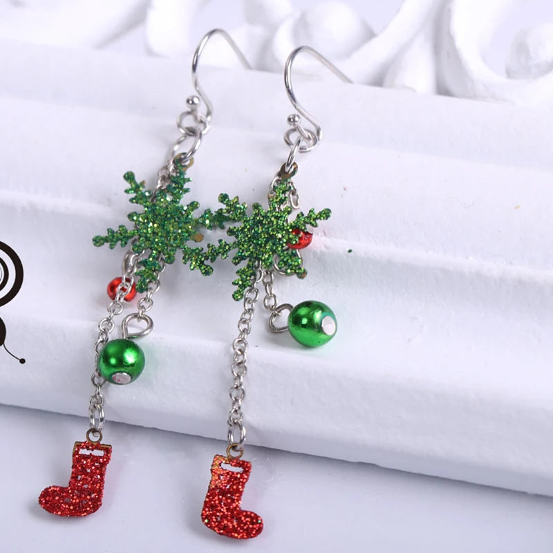 Merry Christmas Fashion Snowflake Boots Long Tassel Dangle Earrings For Women Shiny Zircon Snowman Xmas Tree Earring Jewelry
