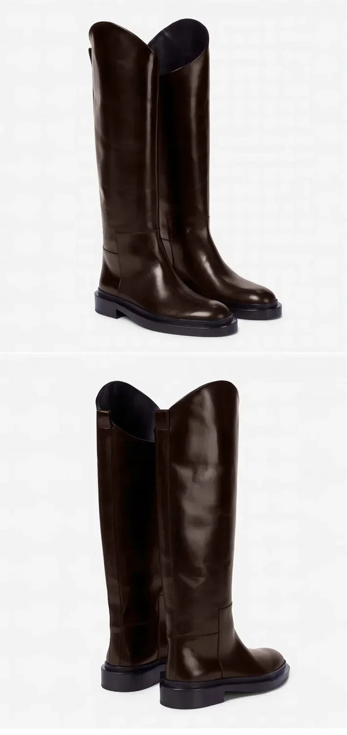 European and American Autumn and Winter Fashionable Round Toe Knee Length Flat Leather Boots, Size 34-46 Women's Knight Boots