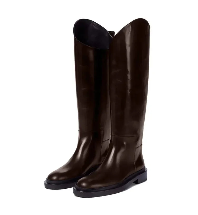 European and American Autumn and Winter Fashionable Round Toe Knee Length Flat Leather Boots, Size 34-46 Women's Knight Boots