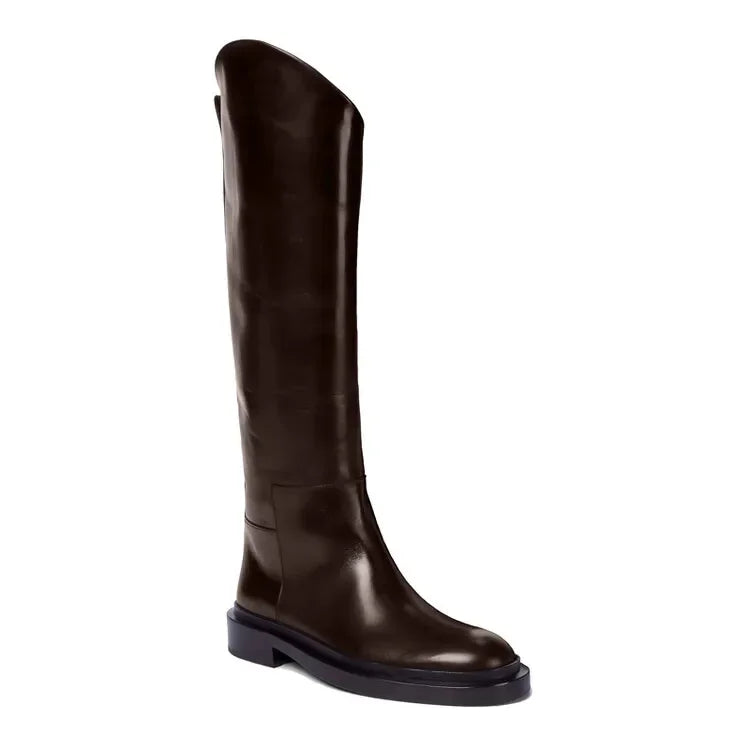 European and American Autumn and Winter Fashionable Round Toe Knee Length Flat Leather Boots, Size 34-46 Women's Knight Boots