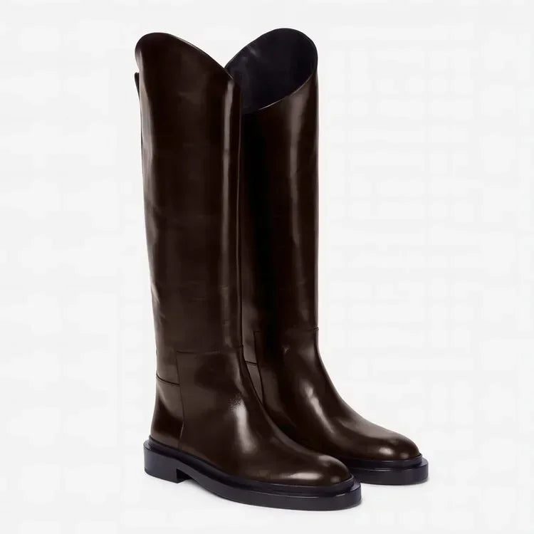European and American Autumn and Winter Fashionable Round Toe Knee Length Flat Leather Boots, Size 34-46 Women's Knight Boots