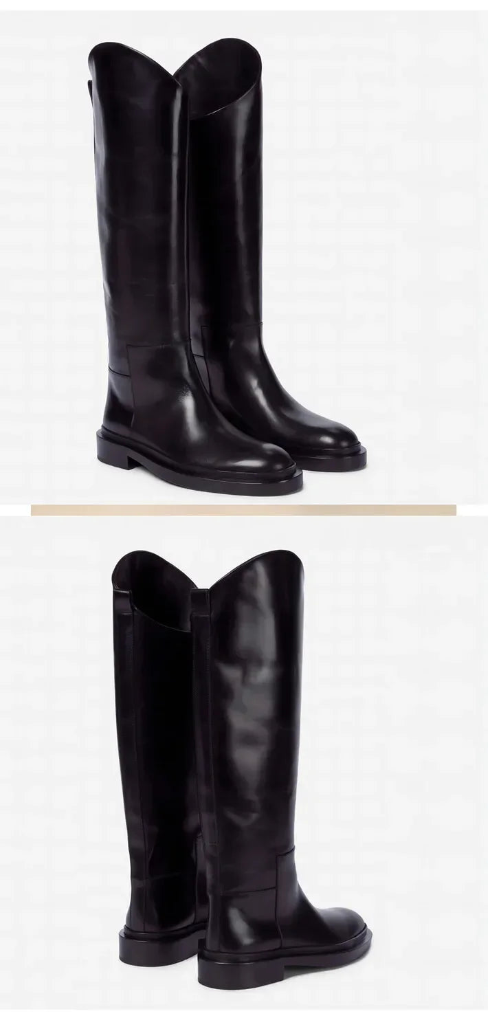 European and American Autumn and Winter Fashionable Round Toe Knee Length Flat Leather Boots, Size 34-46 Women's Knight Boots