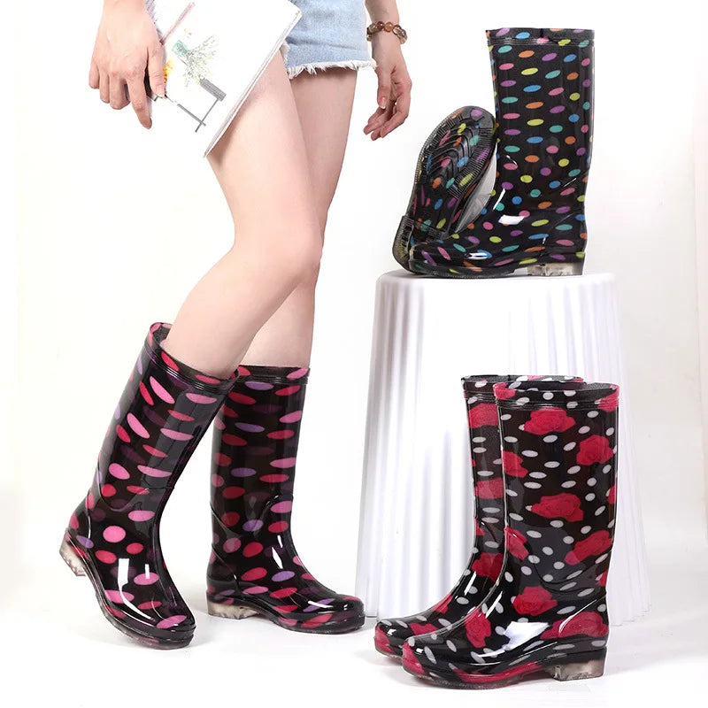 Floral Print Rain Boots Luxury Designer Women Rubber Shoes Waterproof Work Non-slip Garden Galoshes for Woman Botas De Caza PVC