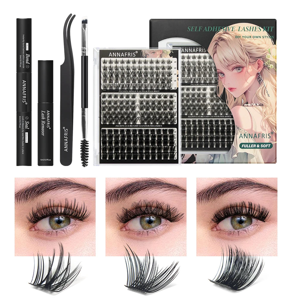 ANNAFRIS DIY Eyelash Extension Kit Individual Lashes Cluster Eyelashes Full Set False Lash Kit with Bond and Seal