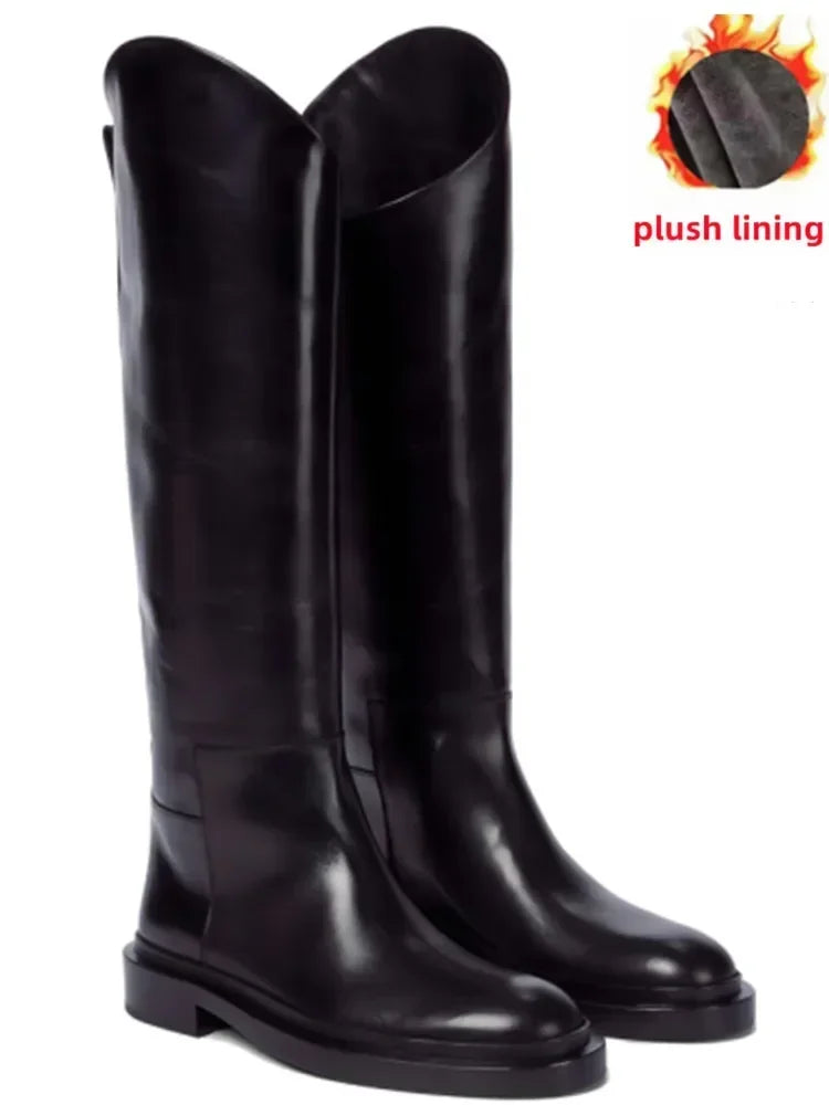 European and American Autumn and Winter Fashionable Round Toe Knee Length Flat Leather Boots, Size 34-46 Women's Knight Boots