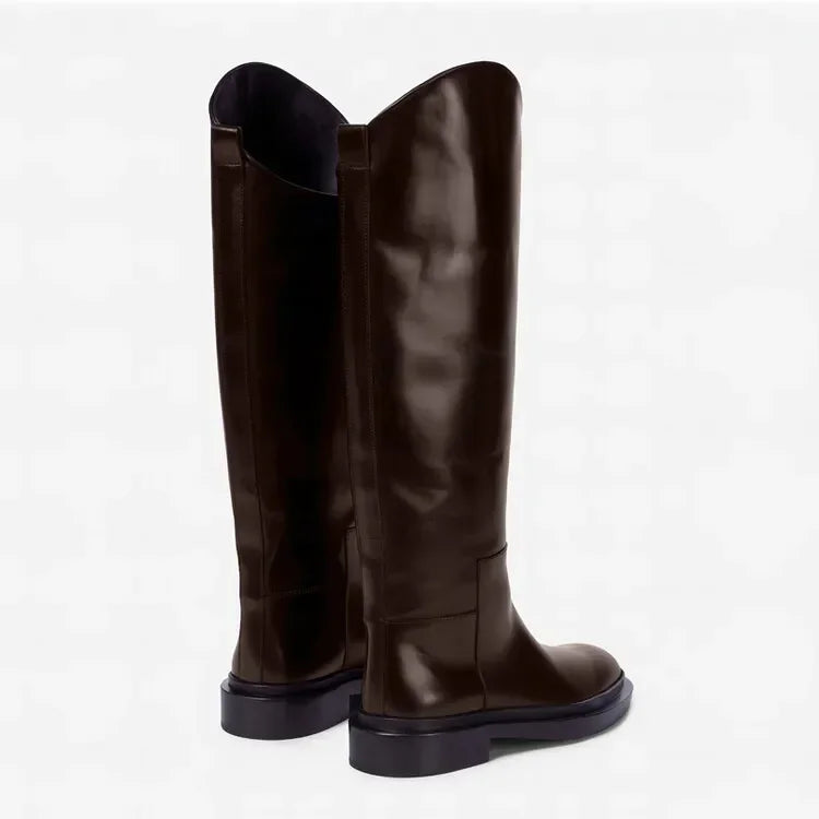 European and American Autumn and Winter Fashionable Round Toe Knee Length Flat Leather Boots, Size 34-46 Women's Knight Boots