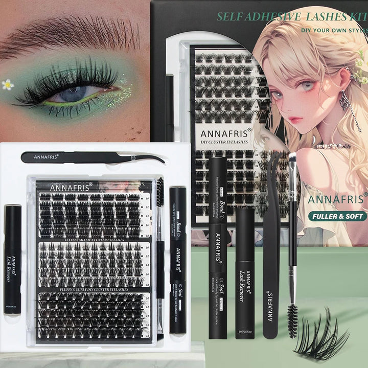ANNAFRIS DIY Eyelash Extension Kit Individual Lashes Cluster Eyelashes Full Set False Lash Kit with Bond and Seal
