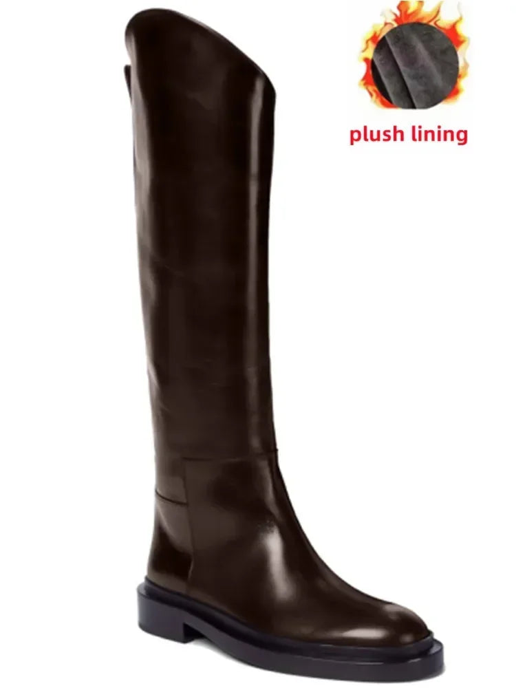 European and American Autumn and Winter Fashionable Round Toe Knee Length Flat Leather Boots, Size 34-46 Women's Knight Boots