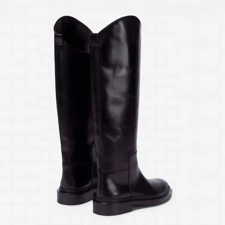 European and American Autumn and Winter Fashionable Round Toe Knee Length Flat Leather Boots, Size 34-46 Women's Knight Boots