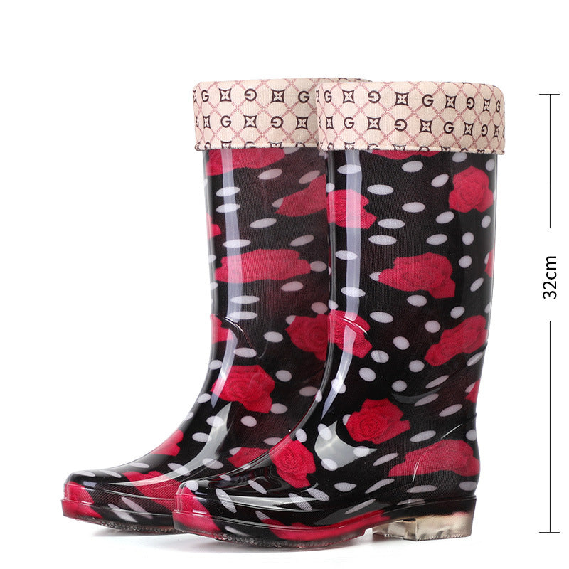 Floral Print Rain Boots Luxury Designer Women Rubber Shoes Waterproof Work Non-slip Garden Galoshes for Woman Botas De Caza PVC