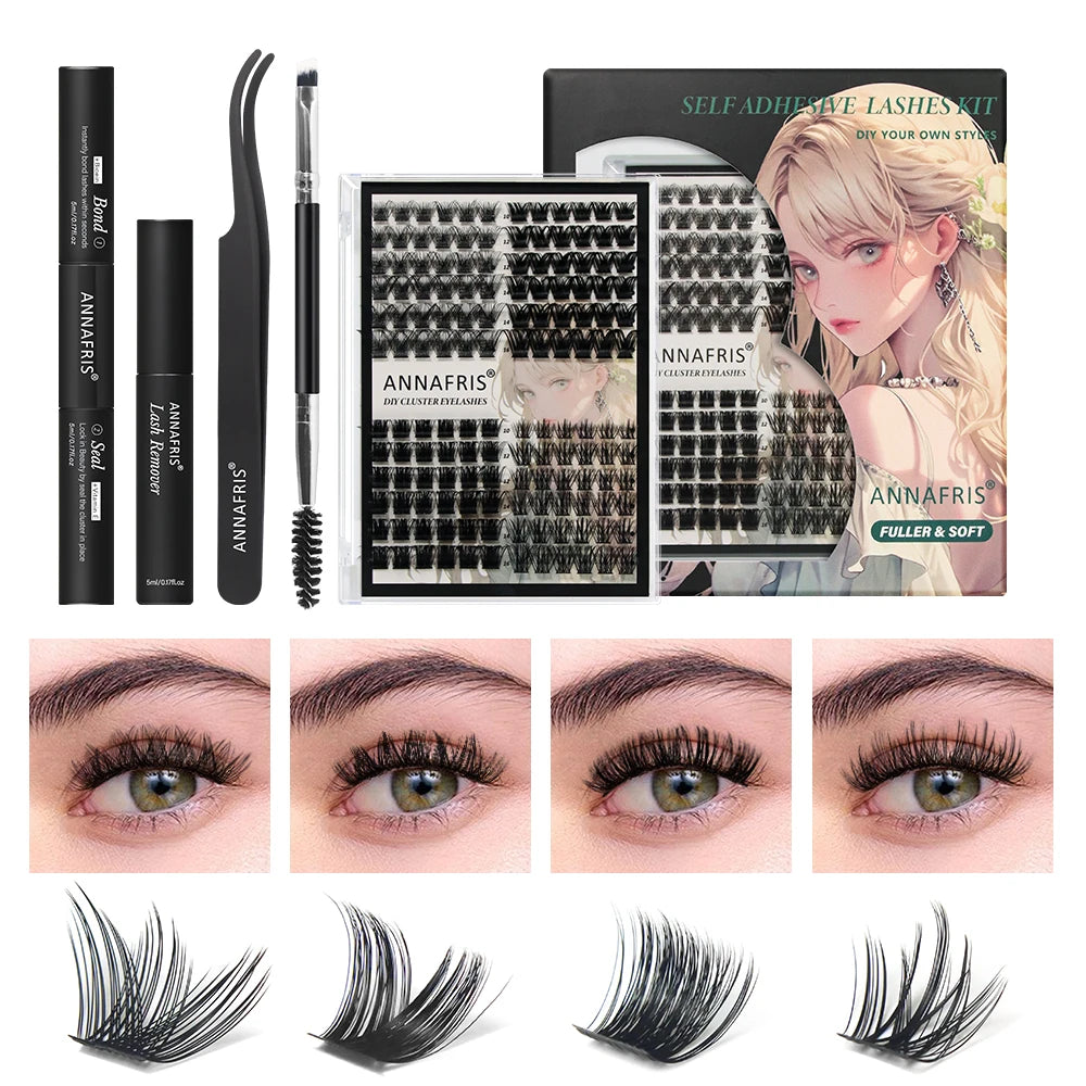 ANNAFRIS DIY Eyelash Extension Kit Individual Lashes Cluster Eyelashes Full Set False Lash Kit with Bond and Seal