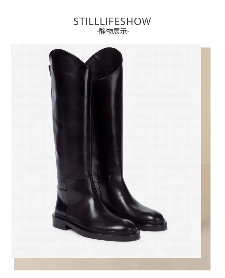 European and American Autumn and Winter Fashionable Round Toe Knee Length Flat Leather Boots, Size 34-46 Women's Knight Boots