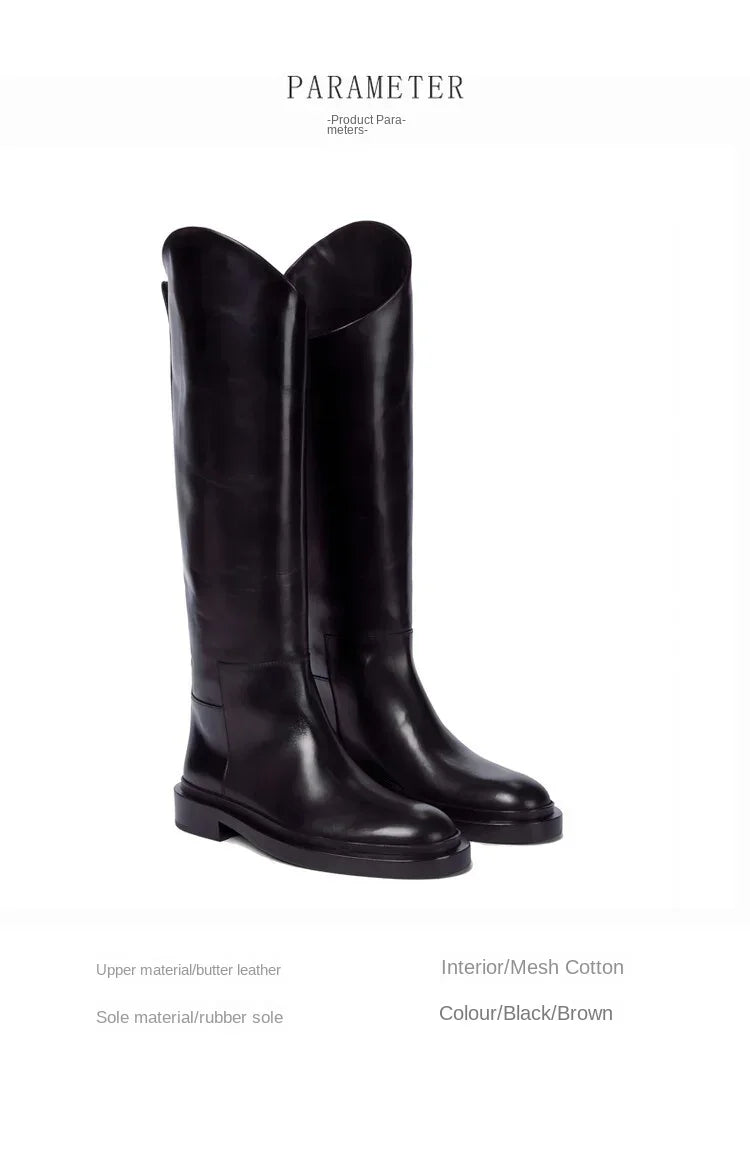 European and American Autumn and Winter Fashionable Round Toe Knee Length Flat Leather Boots, Size 34-46 Women's Knight Boots