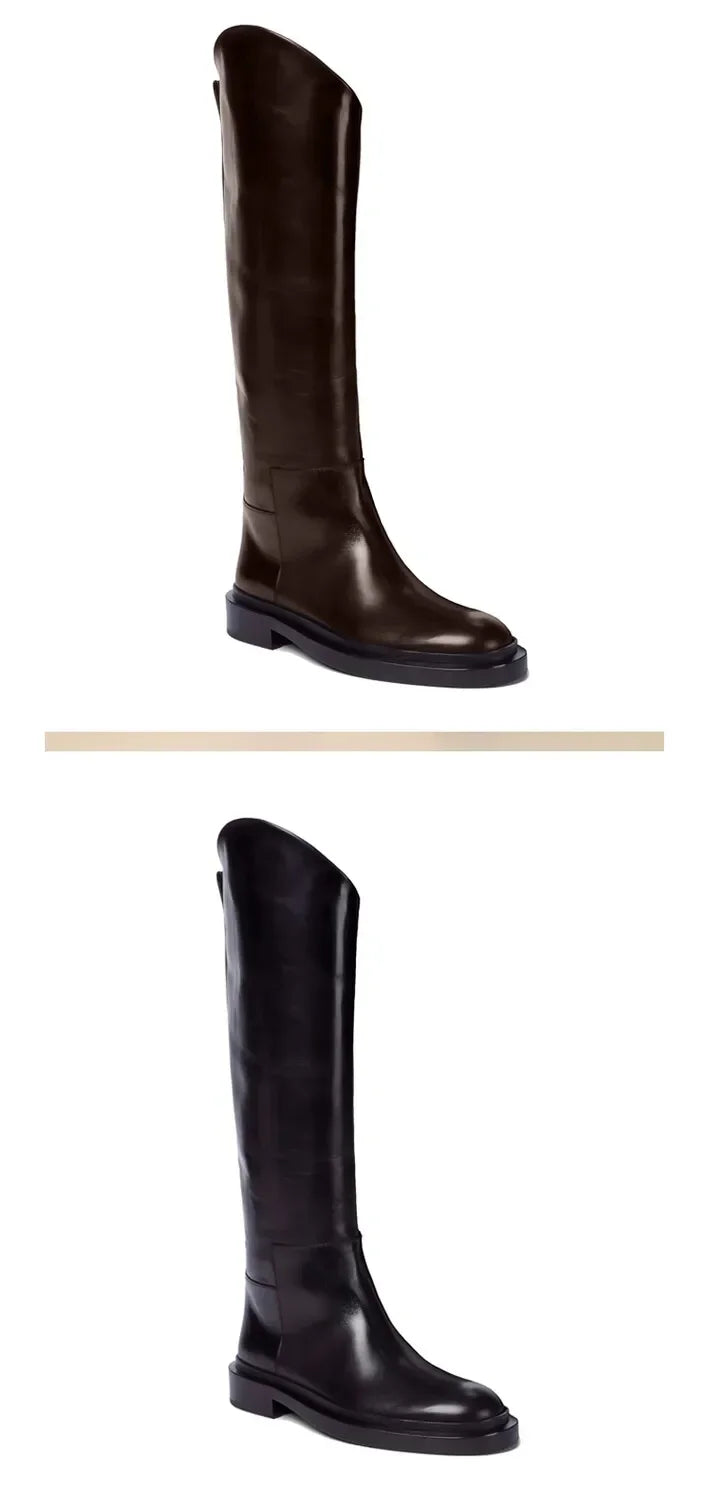 European and American Autumn and Winter Fashionable Round Toe Knee Length Flat Leather Boots, Size 34-46 Women's Knight Boots