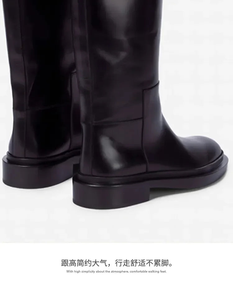 European and American Autumn and Winter Fashionable Round Toe Knee Length Flat Leather Boots, Size 34-46 Women's Knight Boots