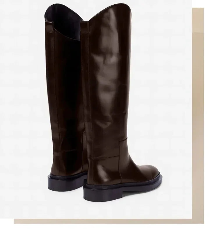 European and American Autumn and Winter Fashionable Round Toe Knee Length Flat Leather Boots, Size 34-46 Women's Knight Boots