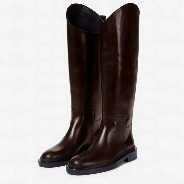 European and American Autumn and Winter Fashionable Round Toe Knee Length Flat Leather Boots, Size 34-46 Women's Knight Boots
