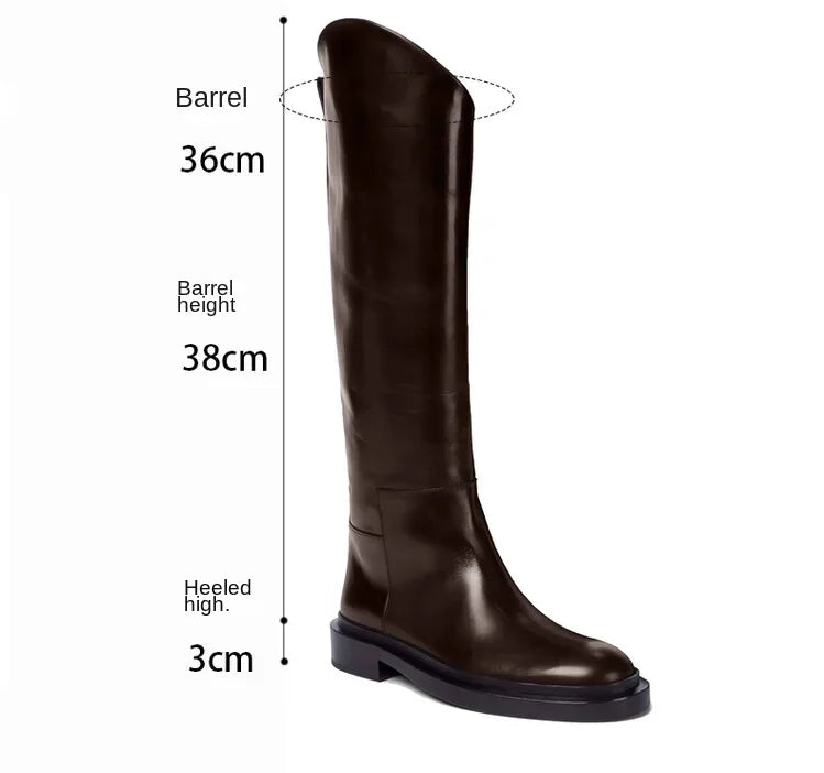 European and American Autumn and Winter Fashionable Round Toe Knee Length Flat Leather Boots, Size 34-46 Women's Knight Boots